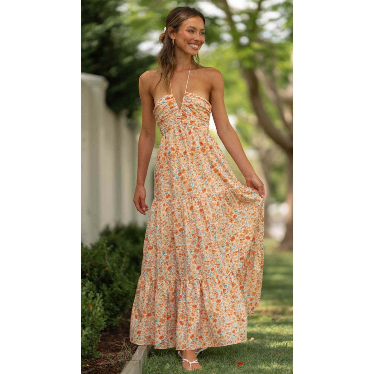 Women s Halter Neck Sleeveless Solid Color A Line Maxi Dress Tiered Casual Summer Long Dress S