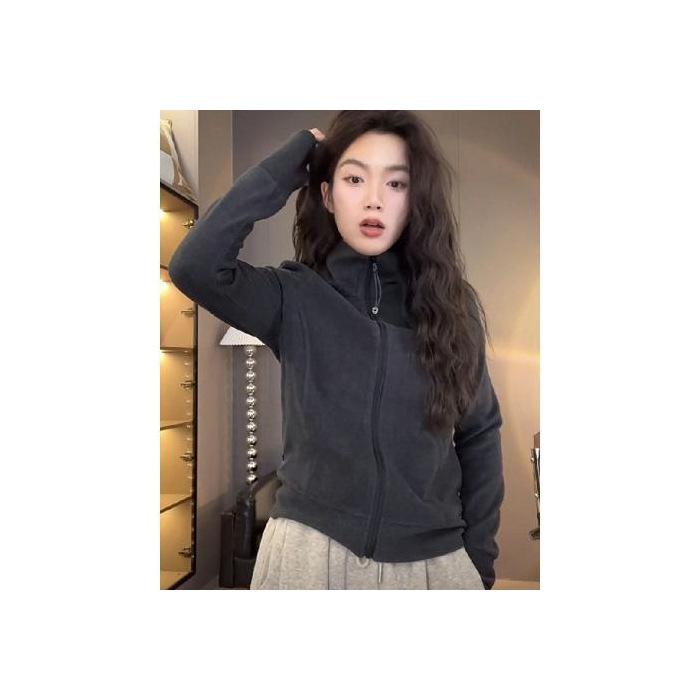 Осень и Зима Универсальный Женский Свитер с Темпераментом Однотонный Топ на Молнии Модный Повседневный Универсальный Кардиган Куртка 3XL серый 2353₽