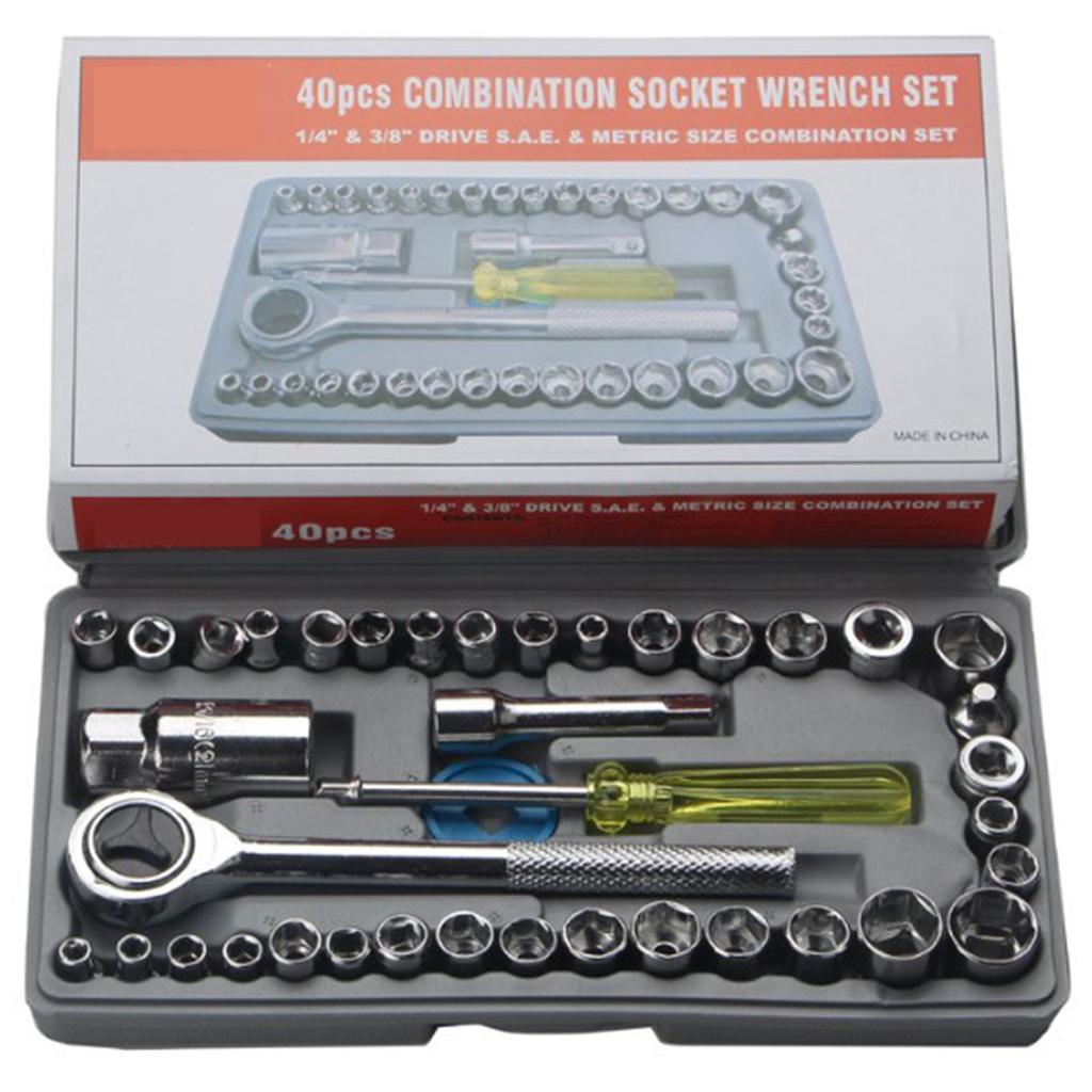 40pcs Drive Socket Wrench Set SAE Metric Sizes Multifunction Portable for Auto Repairing Household