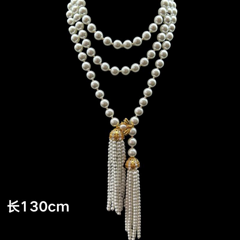 Vintage French Pearl Tassel High-end Temperament Elegant Bee Buckle Necklace Sweater Chain Waist