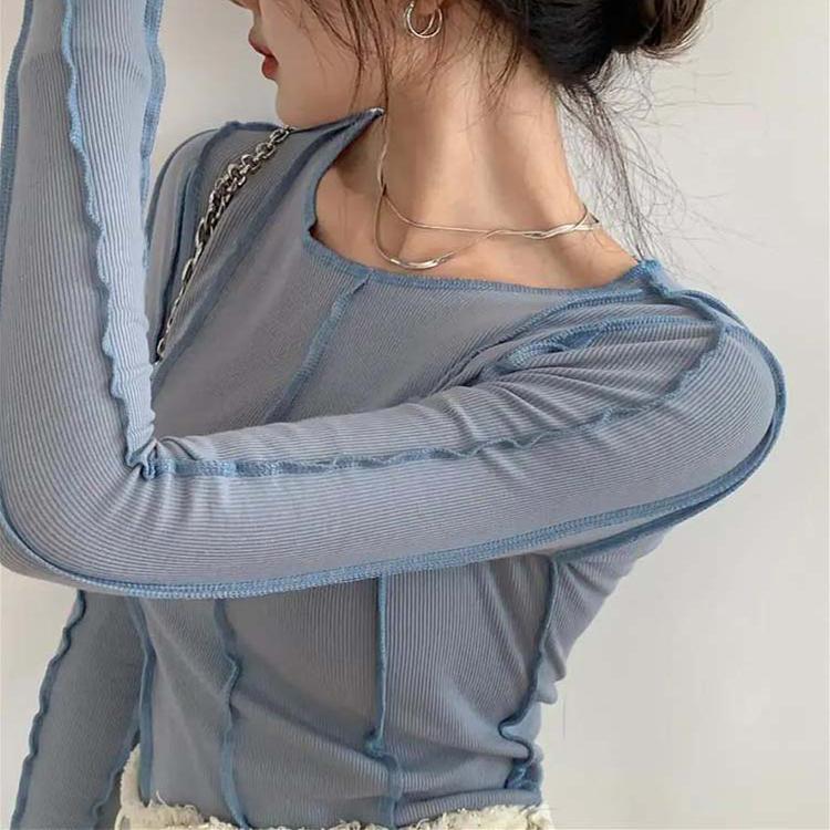Long Sleeve T-shirts Women Spring Solid O-Neck Elegant Bright Line Decoration Slim Casual Soft High Quality Ladies Clothing Tees