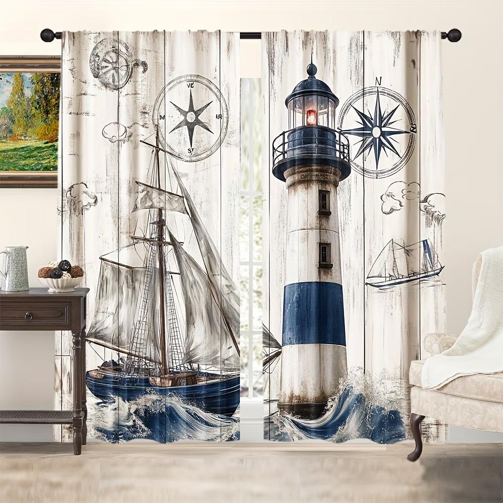 2PCS Digital Printed Curtains, Sailboat Lighthouse Nautical Coastal Ocean, Window Drapes for Living Room Bedroom Home Decoration