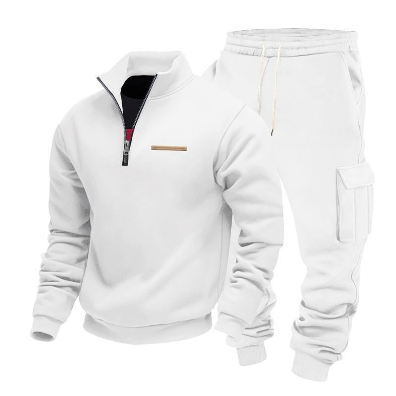 

Winter Velvet Half Zipper Stand Collar Pullover Solid Color Casual Sweatshirt Overalls Trousers Suit for Men S белый