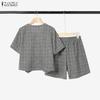 ZANZEA Women Short Sleeve Blouse and Shorts Plaid Print Casual Two Piece Suit Sets
