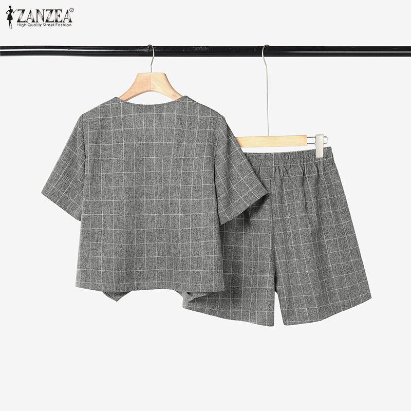 ZANZEA Women Short Sleeve Blouse and Shorts Plaid Print Casual Two Piece Suit Sets
