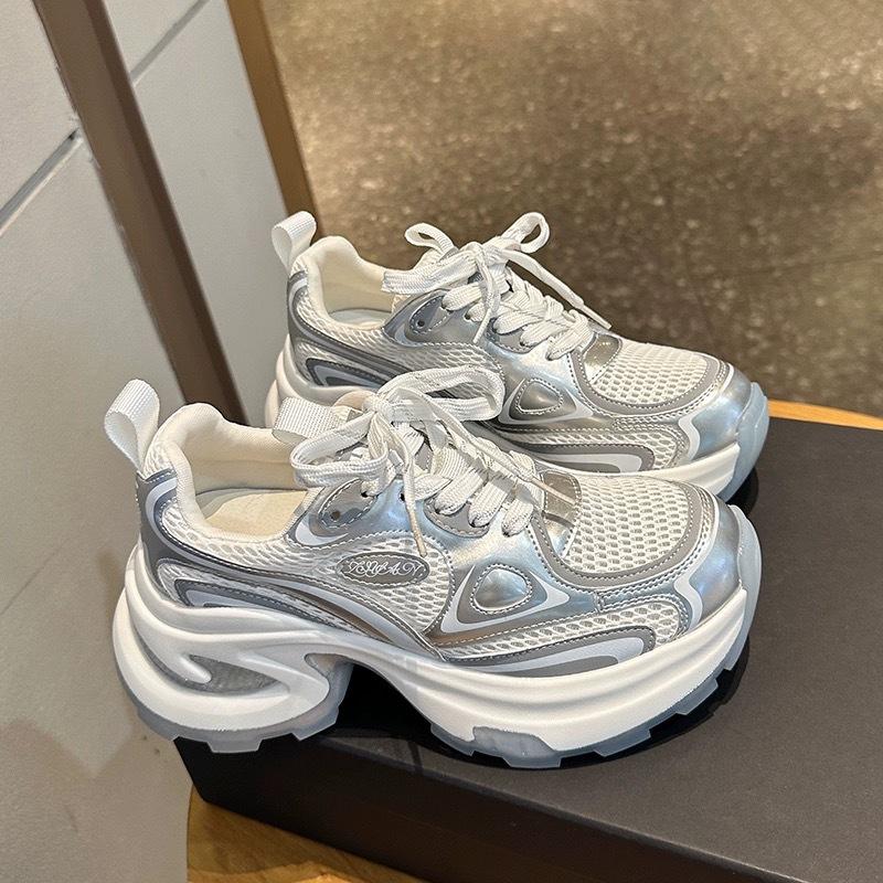Platform dad shoes women's 2025 summer new fashionable versatile breathable mesh silver heightening casual sneakers