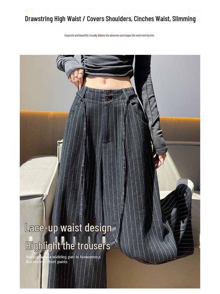Women's Retro Striped Wide-Leg Pants, 2026 Spring/Summer, Tie-Up Loose Fit, Versatile Old Money Style.