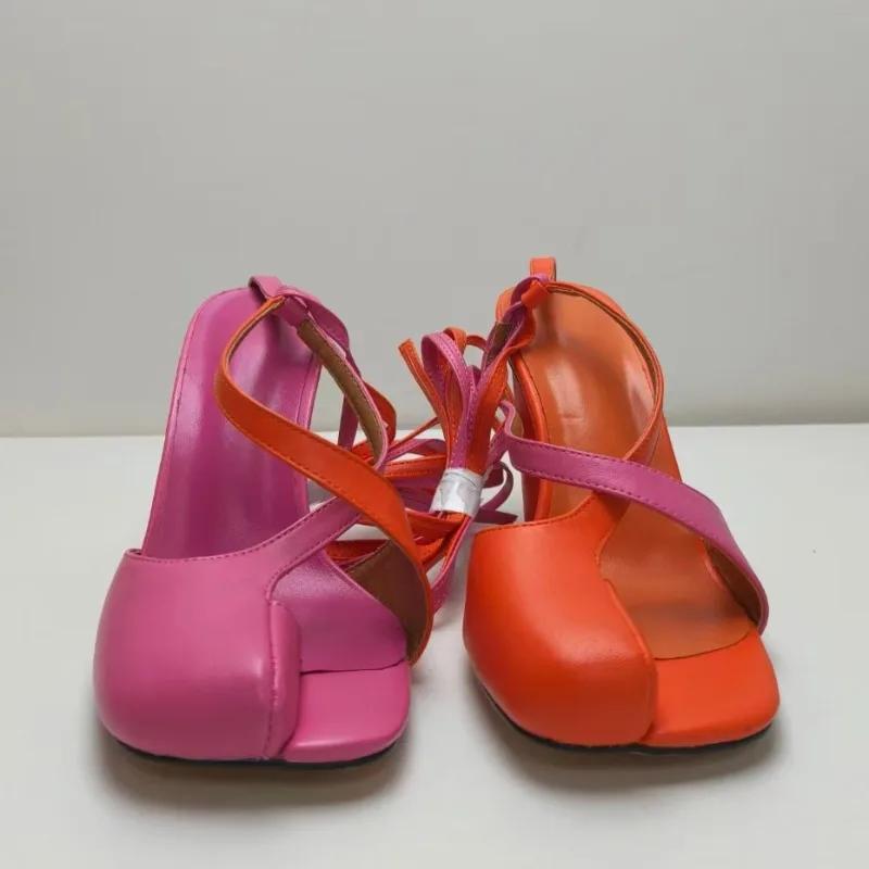 Fashion New Cross Strap Mixed Color Round Heel Sandals European American Runway Style Sexy Side Open Toe High-heeled Women's Shoes 43