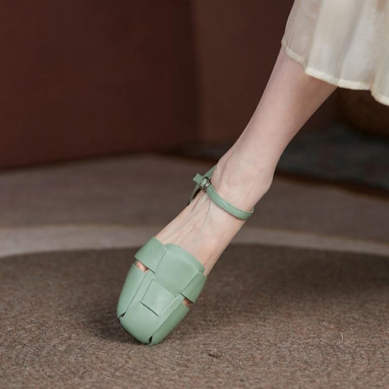 Cow Leather Square Toe Thick Med Heels Autumn Summer Buckle Straps Shoes Hollow Decorations Women Shallow Sandals