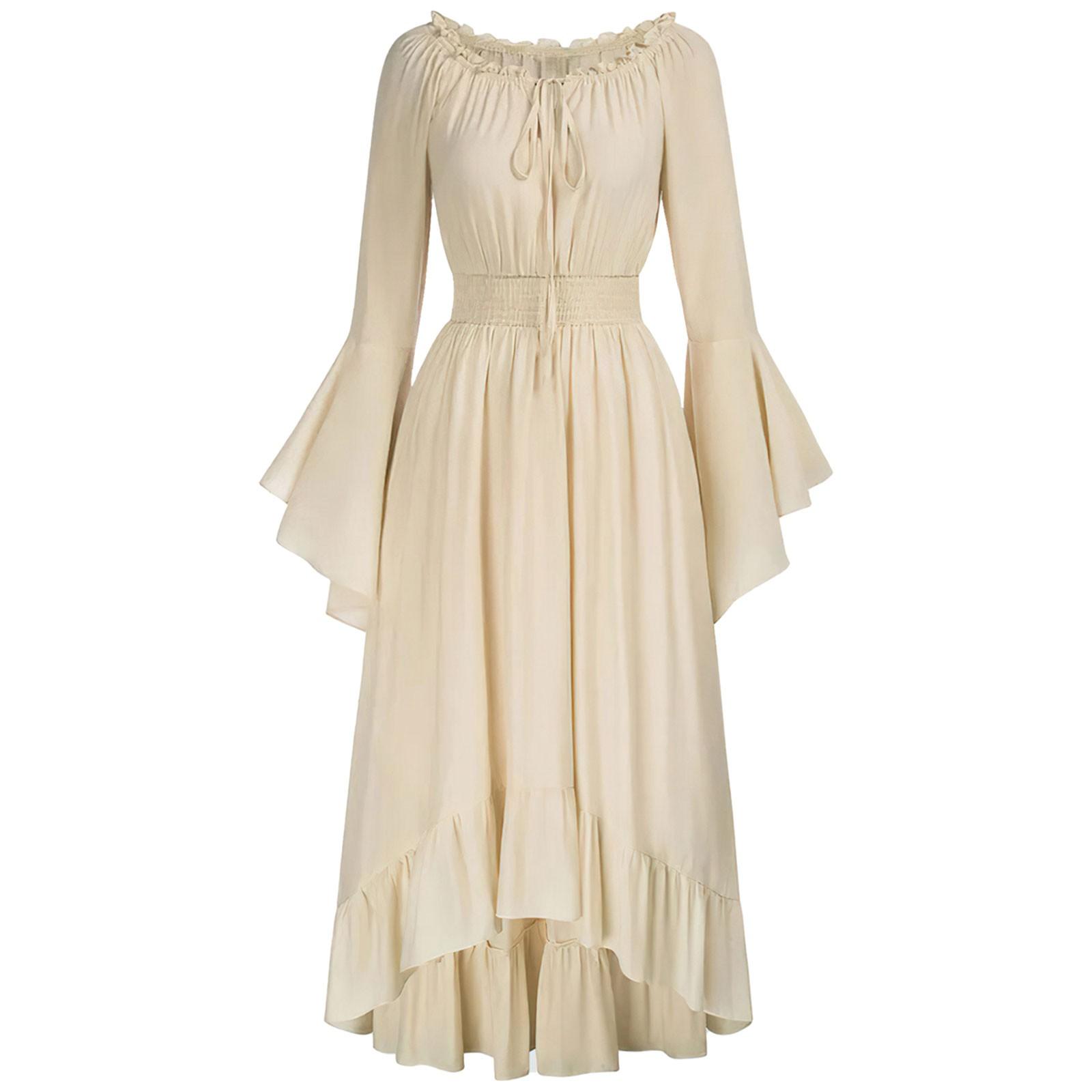 

Женское винтажное однотонное кружевное платье с длинным рукавом и воротником-стойкой L бежевый