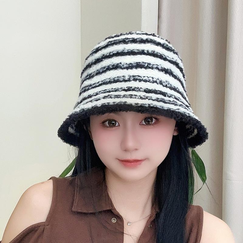 Knitted Bucket Hat for Women Autumn and Winter Korean Version Ins Face-showing Small Striped Fisherman Hat Casual Versatile Dome Wool Basin Hat