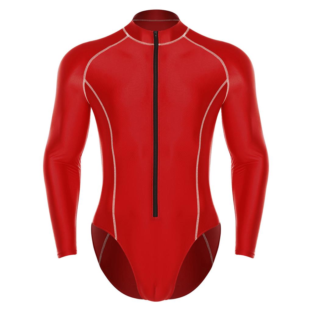 Pánský lesklý body overal s rolákem a dlouhým rukávem, zapínání na zip vpředu, trikot, kombinéza, ochranný obleček proti slunci, plavky na pláž a surfování