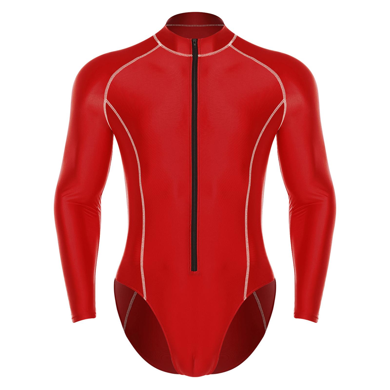 

Чоловічий лонгслів для захисту від сонця Блискучий боді З блискавкою спереду Леотард З високим коміром Комбінезон Серфінг Плавання L червоний