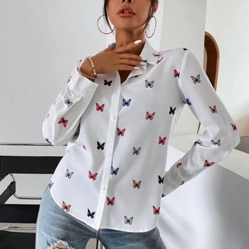 Damen Bluse Modisch Bedrucktes Langarmshirt Schmetterling Bedrucktes Reversshirt