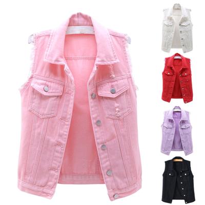 Chaleco de Mujer sin Mangas con Solapa de un Solo Botón y Bolsillos con Solapa Color Caramelo Agujeros Rasgados Chaleco Chaqueta de Mezclilla Streetwear
