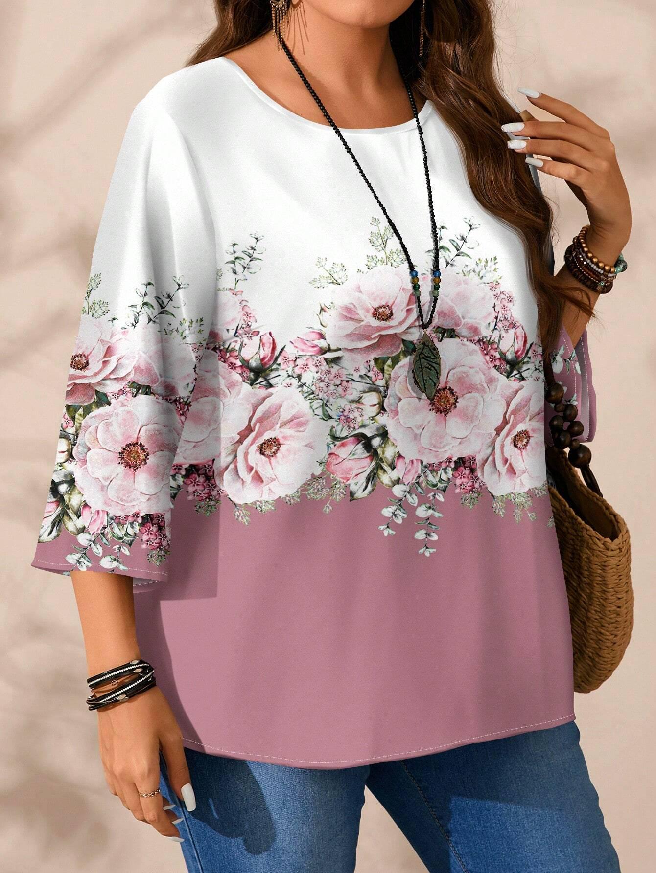 Cross-Border Floral Print Plus Size Women s T-Shirt 3XL белый
