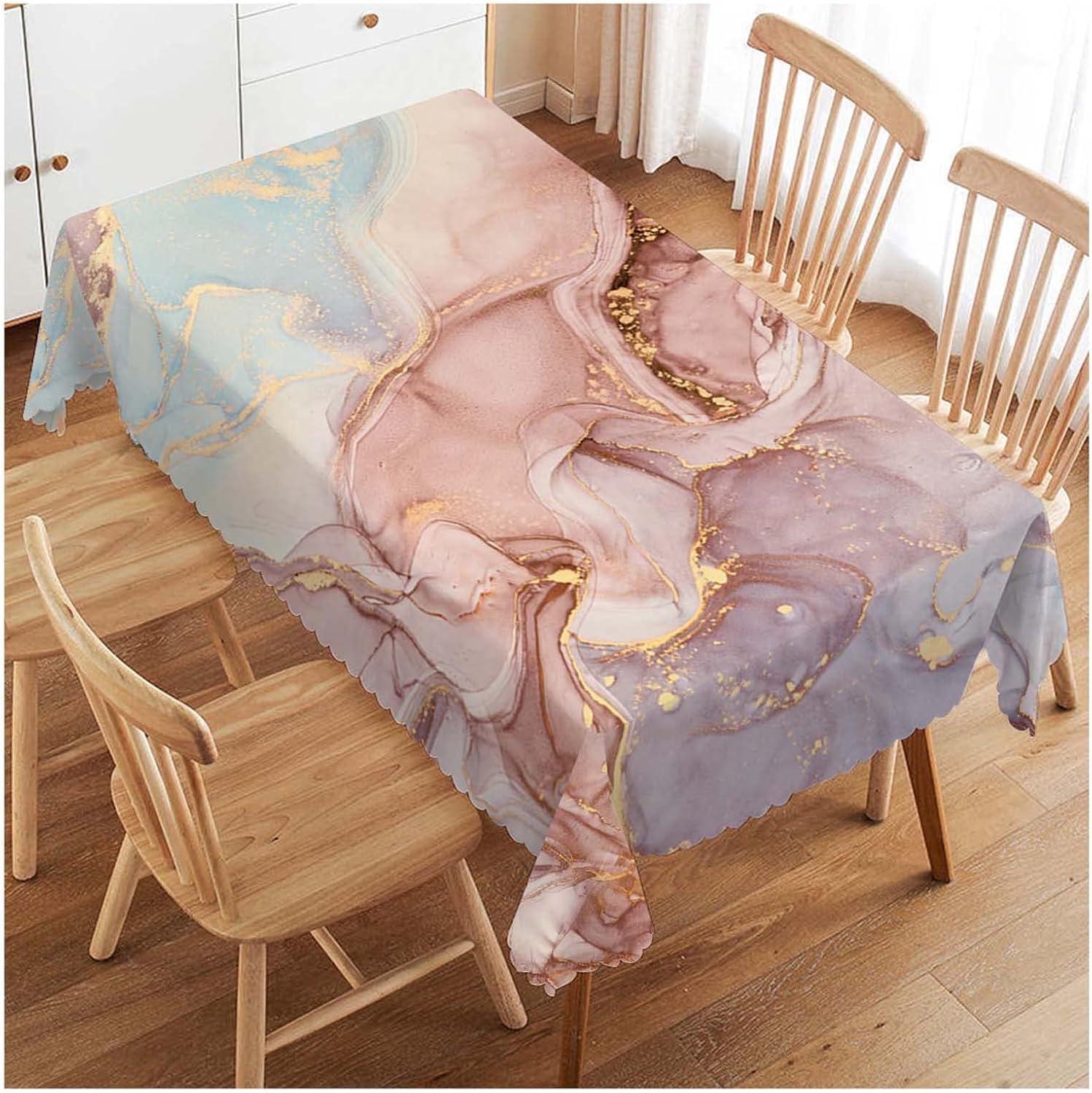 Nappe Rectangle Marbre Vagues Dorées Roses Décoration de Fête Réutilisable Imperméable Nappe de Table de Cuisine Salle à Manger Décorations de Mariage 140x140cm