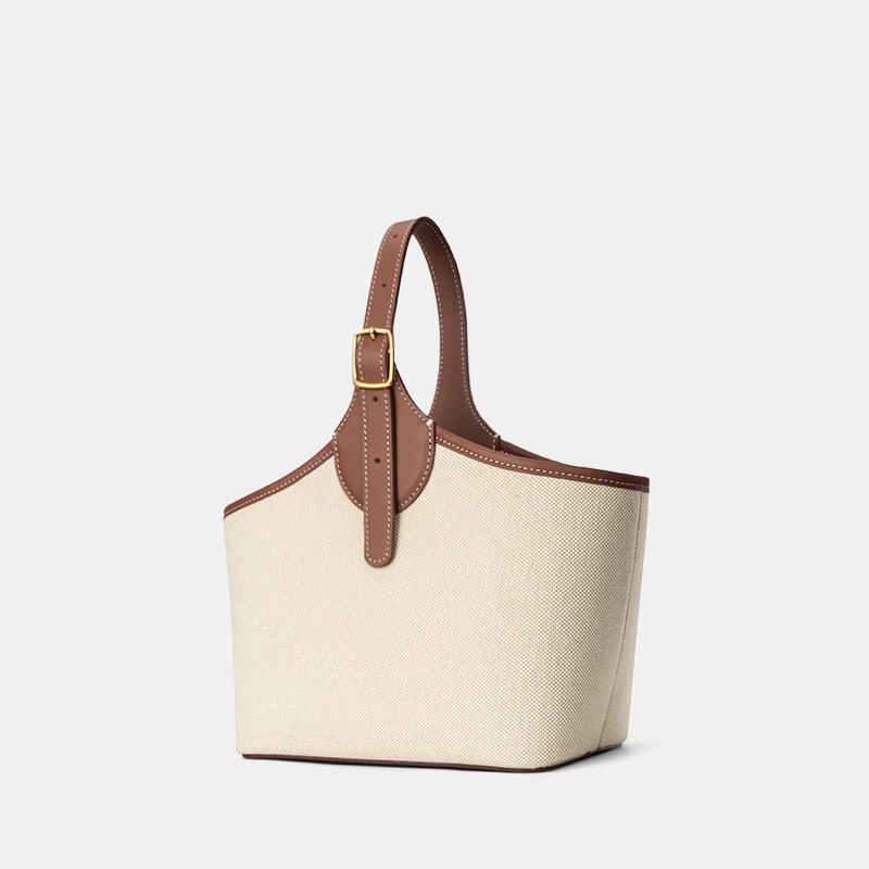Women's Canvas & Genuine Leather Tote Bag, Small Bucket Shoulder Handbag, 20.8×13×15.7cm, for Work & Daily Use