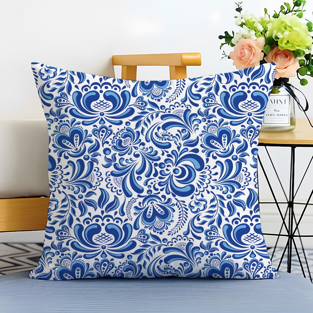 Blue and White Porcelain Cushion Cover Washable Linen Pillowcase Soft for Sofa Bed Cozy Home Room Decor