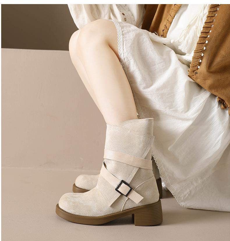Fashion Western Cowboy Boots Women Fall New Round Toe Metal Belt Buckle Pleated Stack Vintage Block Heel Shortho Boots