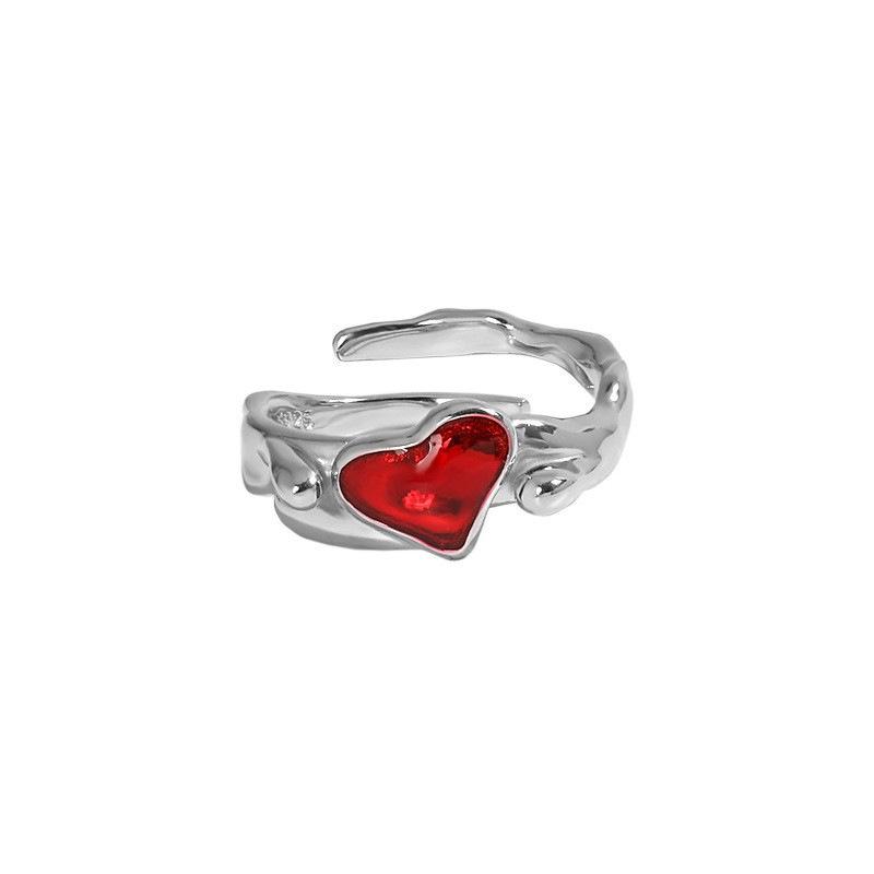 Korean Style Red Heart Adjustable Geometric Stackable Women's Ring - Trendy Hip Hop Fashion
