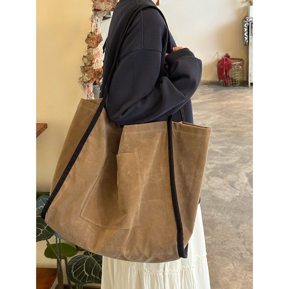 

Корейская замшевая сумка-тоут Maillard в стиле ретро, ленивая двусторонняя сумка через плечо, большая вместительная сумка для покупок для поездок на работу хаки