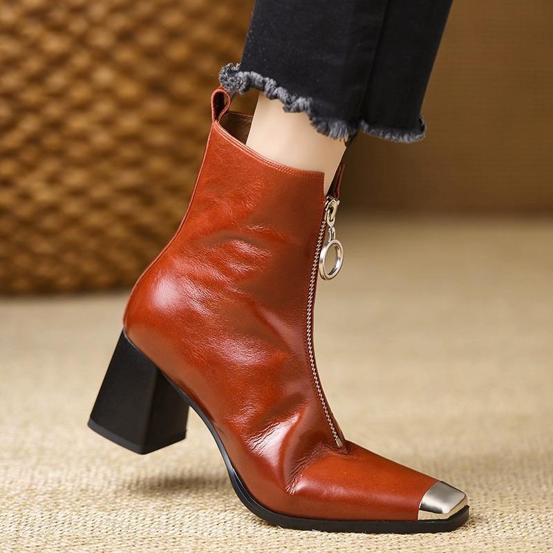 French Maillard retro soft-soled thick-heeled short boots 2025 autumn and winter new front zipper fashion light luxury temperament leather boots