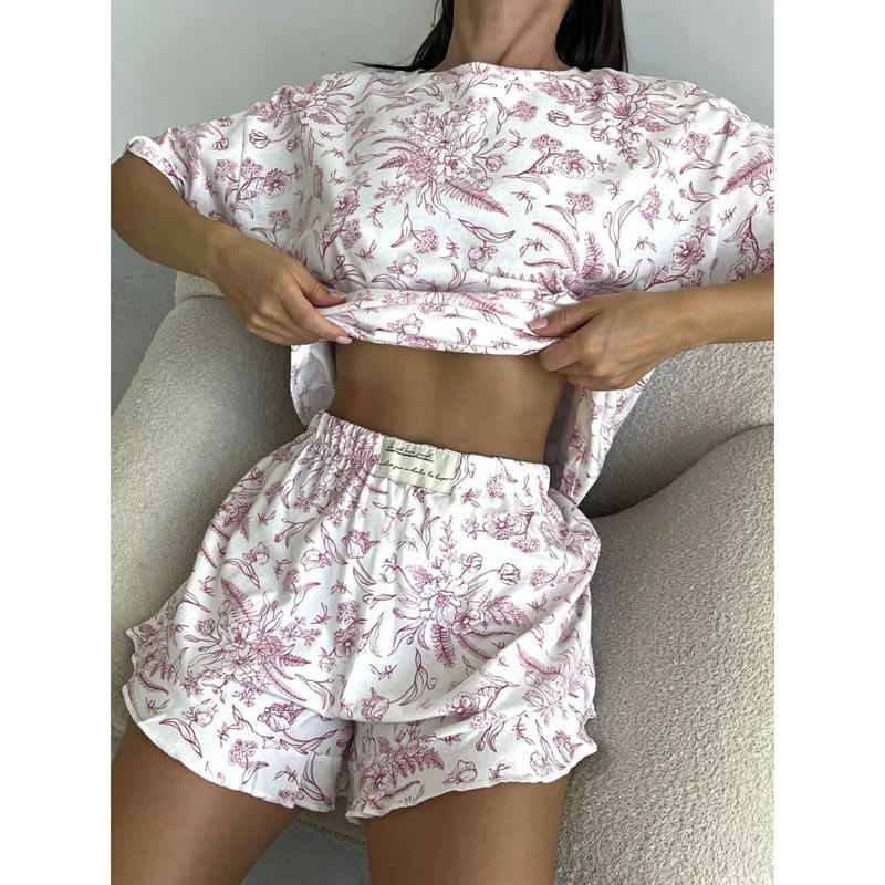 Modische Damen Zweiteilige Pyjama-Sets Liebesherzen Aufdruck Kurzarm Oberteil Elastische Taille Shorts Damen Loungewear Nachtwäsche S rosa