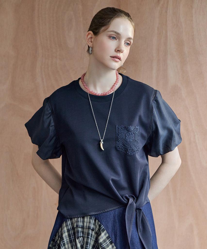 MAXZA Lace Pocket Balloon Sleeve Ribbon Short Sleeve T-Shirt