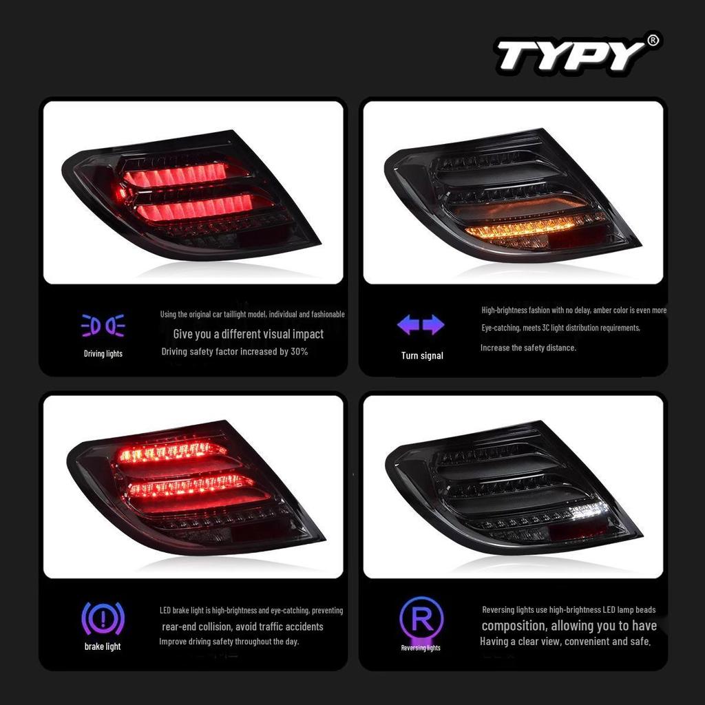 Compatible with 07-14 Mercedes-Benz C-Class W204 LED Taillight Assembly with Flowing Turn Signal and Daytime Running Light