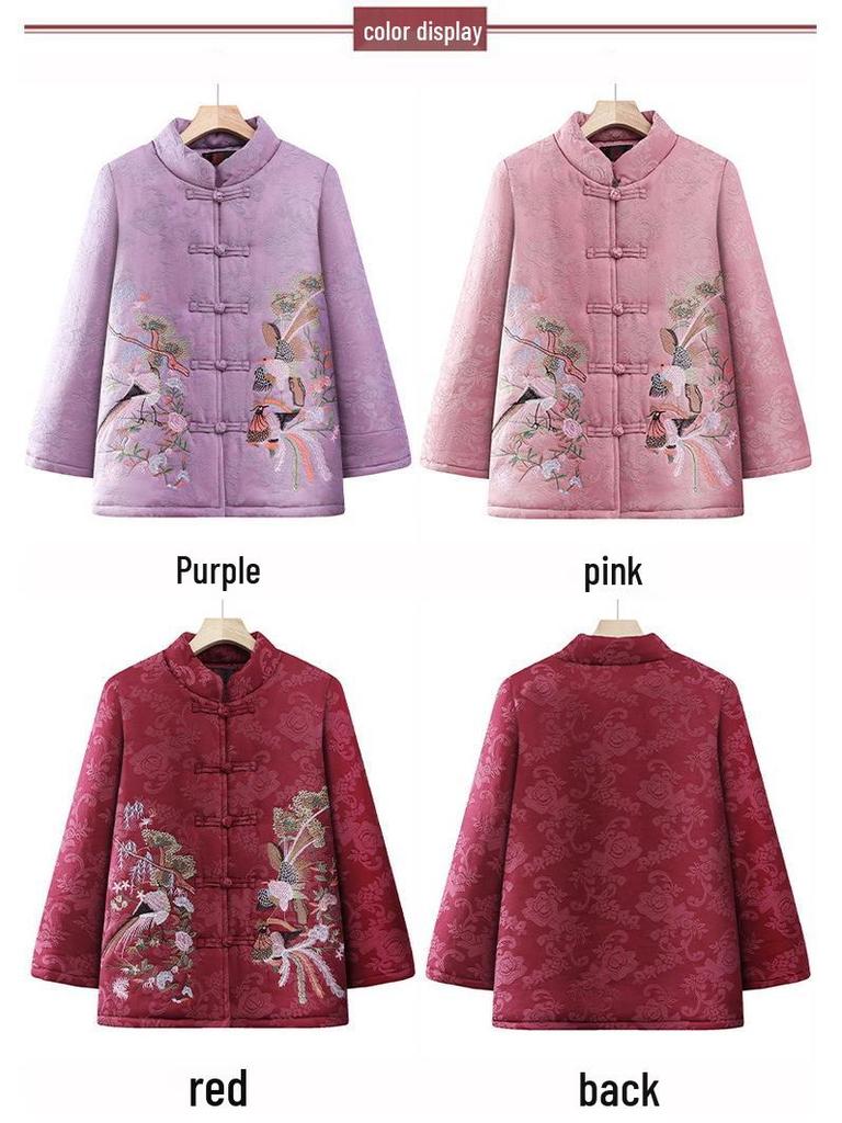 Grandma's Retro Embroidered Cotton Tang Suit Jacket for Elderly Women with Velvet Lining and Frog Buttons