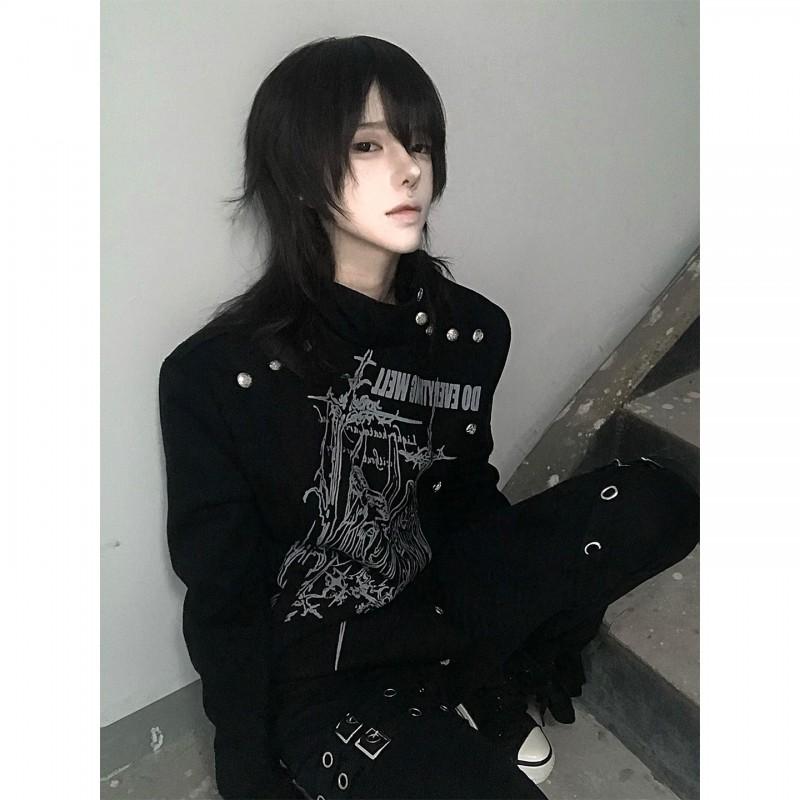 Punk Subculture Black Oversized Jacket Teens Short Buttoned Streetwear Visual Kei Top Winter