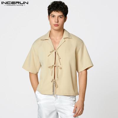 Men Lapel Neck Short Sleeve Hollow Out Bandage Casual Summer Shirts