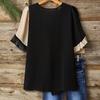 Women Tops Crew Neck Short Sleeve Pullover Tops with Irregular Ruffle Hem Block Design Buttons Decor Loose Fit Versatile Blouse