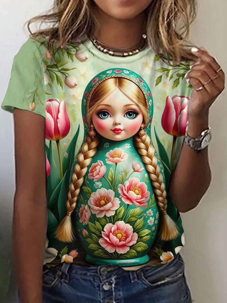 Matryoshka doll 3D print women's round neck short-sleeved T-shirt, Harajuku style top, women's clothing