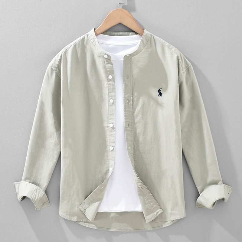 Trade Surplus Embroidered Stand-Collar Cotton-Linen Shirt for Men, Spring and Summer Long-Sleeve Loose Casual Shirt with a High-End Feel, Thin Jacket