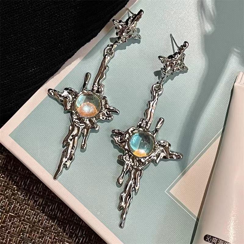 Uregelmessig flytende metall Cross Moonstone Dingle øredobber Ung jente Trend Metal Cross Moonstone Drops Øredobber Smykker