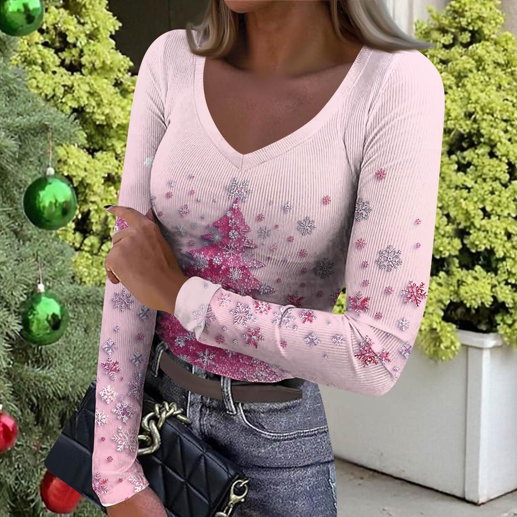 Women's Winter Slim-Fit Base Layer T-Shirt Fashionable Christmas Print V-Neck Pullover Long-Sleeved Top