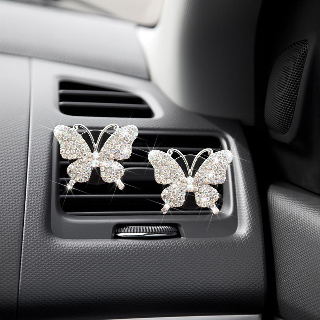2PCS Bling Butterfly Car Freshener Air Vent Clips, Sparkling Crystal Rhinestone Auto Diffuser Clamps, Full Diamond Vehicle Interior Decoration Charm