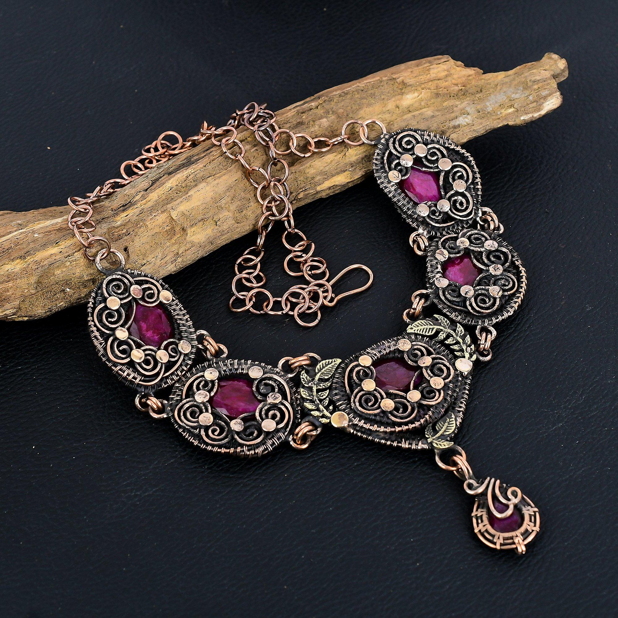 

Рубиновое ожерелье, ювелирное украшение с драгоценным камнем, ожерелье с регулируемой цепочкой, обмотанной медной проволокой 999 пробы, подарок для женщин, ожерелье ручной работы Adjustable With 18 Inches