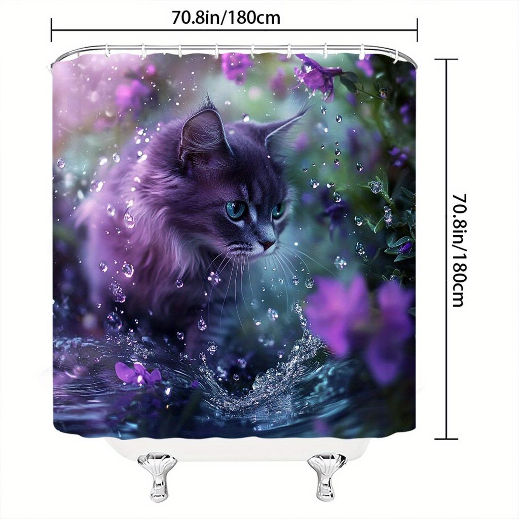 Magical Garden Cat Shower Curtain - Purple Flowers, Misty Blue Eyes, 70.8X70.8In,12 Hooks,Machine Washable Polyester, Bath Decor