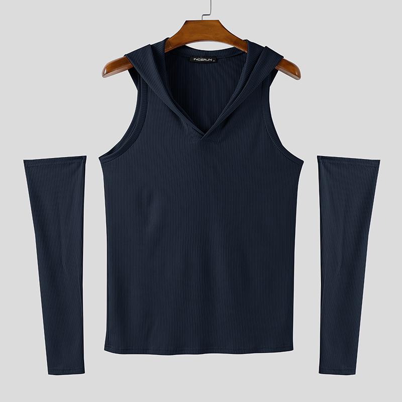 

INCERUN Men Sleeveless Rib Casual Fitted Hooded Tank Tops with Oversleeve 5XL синий