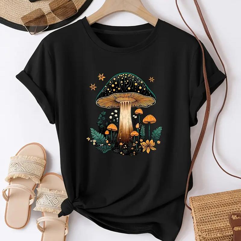 

Women Summer T Shirt Retro Fashion Short Sleeve Tees Casual Mushroom Printed Tops XS чорний