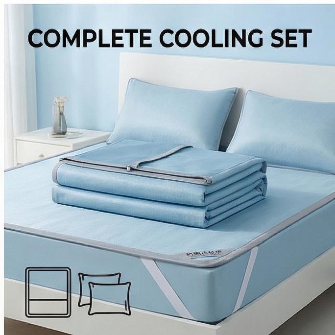 Washable Antibacterial Ice Silk Cooling Mat Set, Fitted/Flat Sheet, 2 Sizes for Summer Bedroom & Dorm Hygienic Bedding