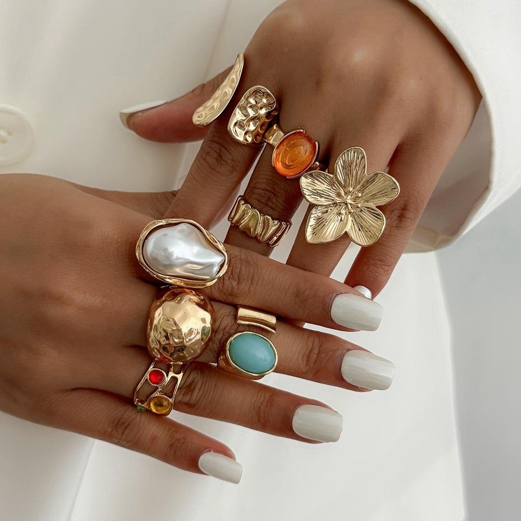 Koude Wind Onregelmatige Edelsteen Ringenset Vrouwelijk, Gepersonaliseerde Metalen Textuur Ring Ringen