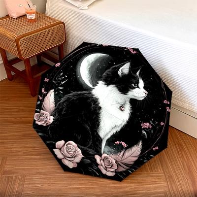 1 PC Automatic Folding Umbrella - Black and White Cat with Moon Pattern, Portable & Foldable Design with 8 Ribs, Christmas Birthday Gifts