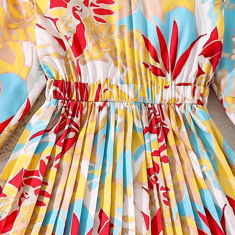 Girls' Dress Autumn New High-end Elegant Printed V-neck Long Sleeve Waist-cinching Slimming Pleated Long Dress for Children