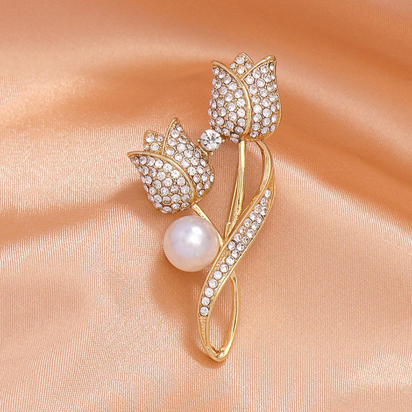 

Accessories Tulip Pearl Ladies Brooch High-End Suit Coat Pin Diamond Alloy Corsage Women