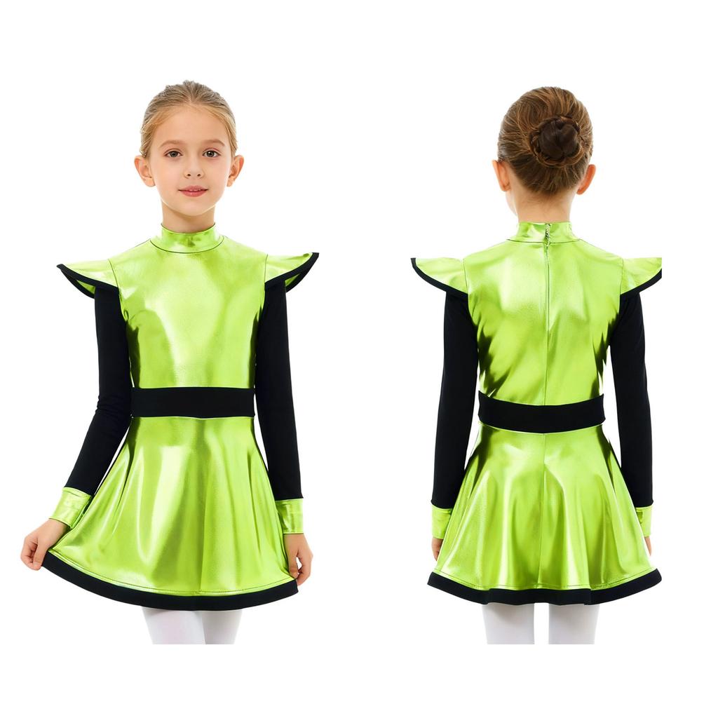 Vestido de Festa Alienígena para Meninas Brilho Metálico Patchwork Gola Alta Manga Longa Zíper Invisível Vestido Shorts