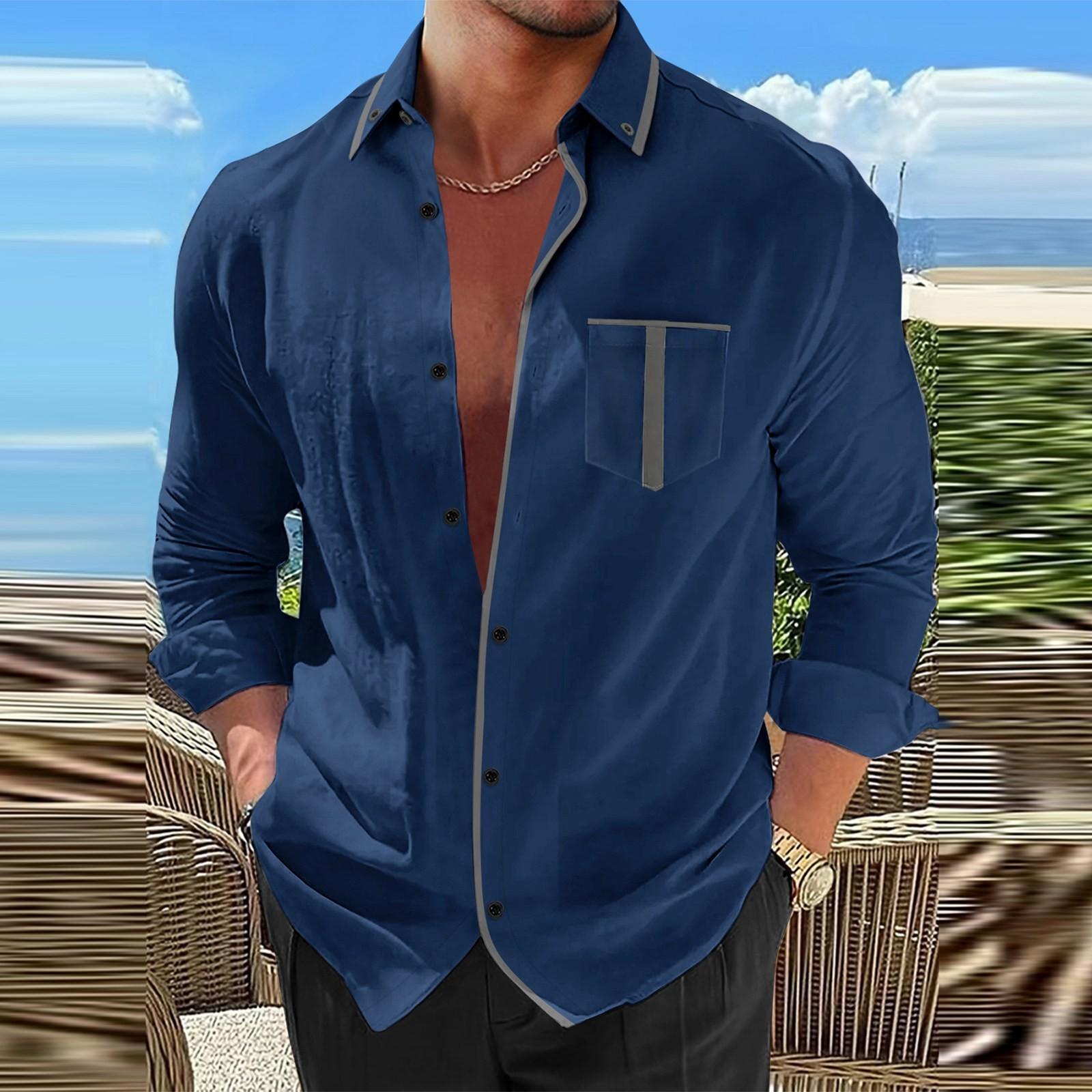 

Мужская осенняя повседневная свободная рубашка с цветными блоками и длинным рукавом M тёмно-синий